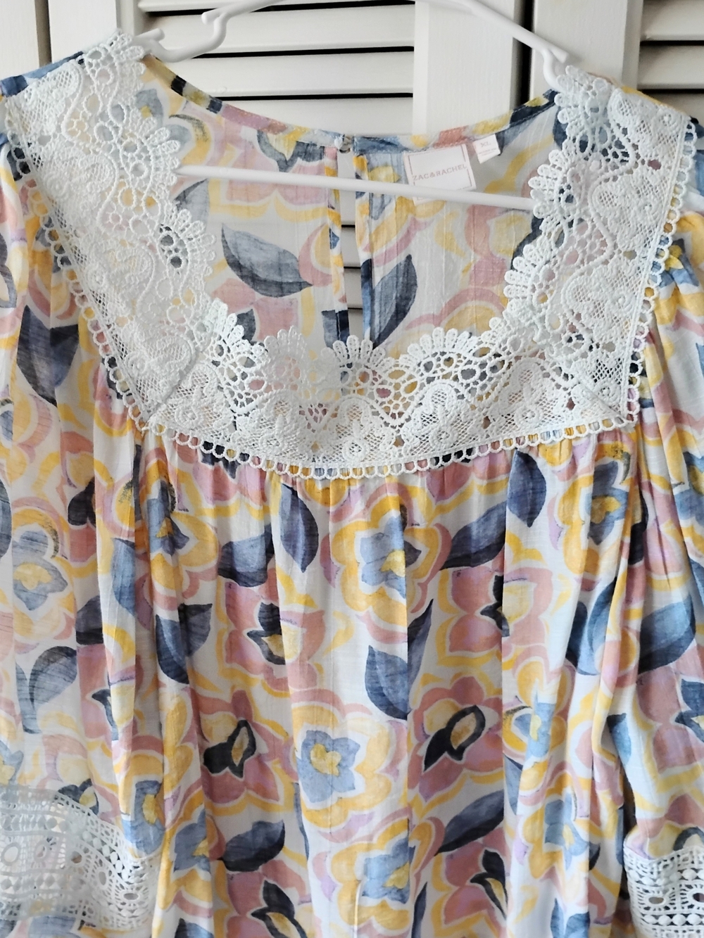 Floral Lace-Trim Women's Top in Pastel Yellow, Pink & Blue By Zac & Rachel XL